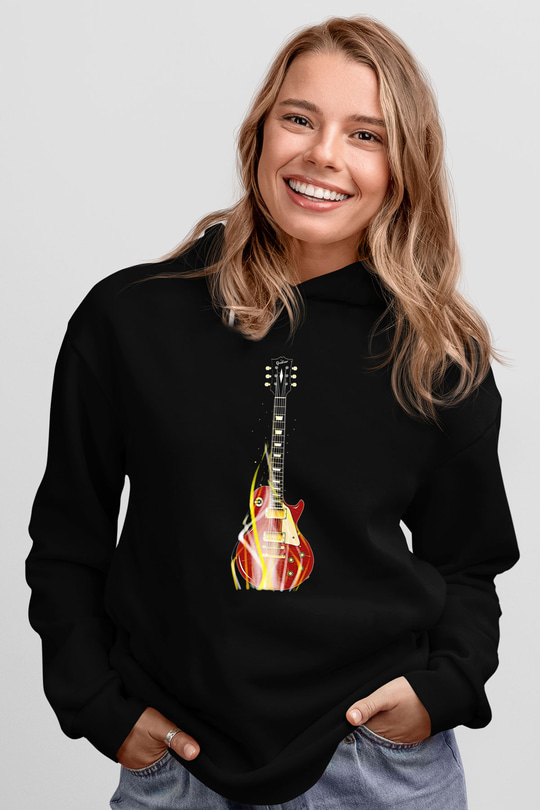 Elektro Gitar Baskılı Unisex Siyah Hoodie