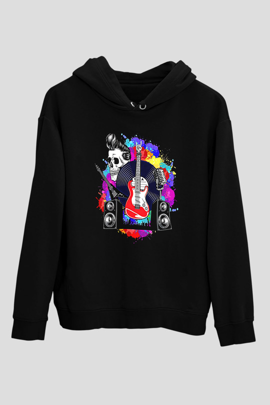Elektro Gitar Baskılı Unisex Siyah Hoodie