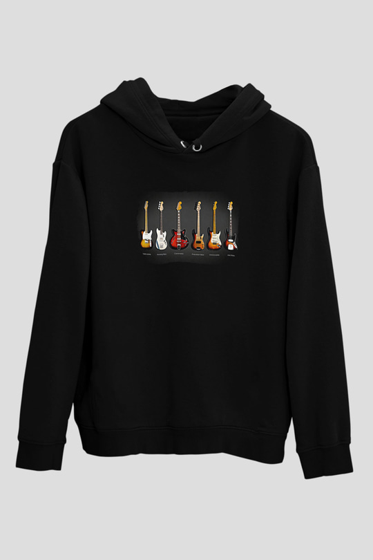 Elektro Gitar Baskılı Unisex Siyah Hoodie