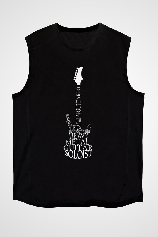 Elektro Gitar Baskılı Unisex Siyah Kolsuz Tişört - Tshirt
