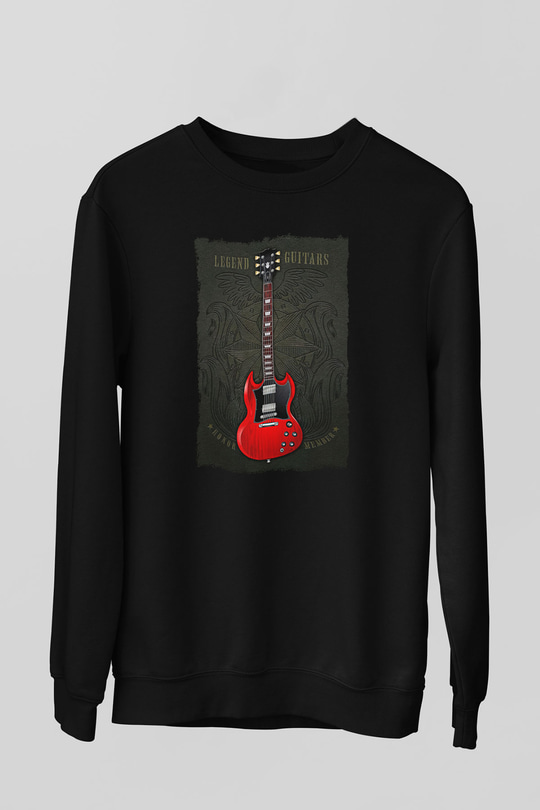 Elektro Gitar Baskılı Unisex Siyah Sweatshirt