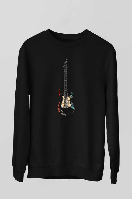 Elektro Gitar Baskılı Unisex Siyah Sweatshirt