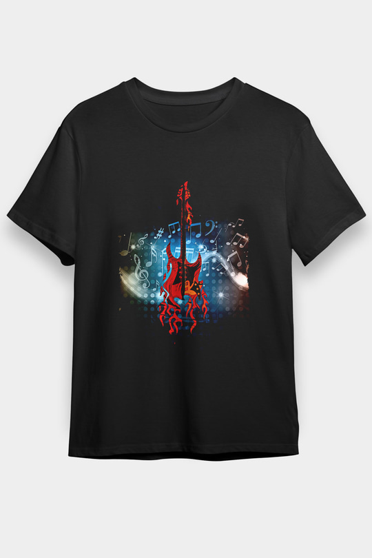 Elektro Gitar Baskılı Unisex Siyah Tişört - Tshirt
