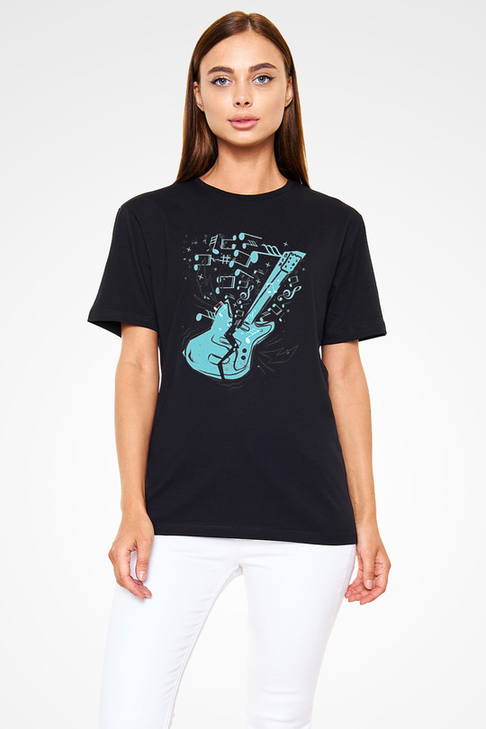 Elektro Gitar Baskılı Unisex Siyah Tişört - Tshirt