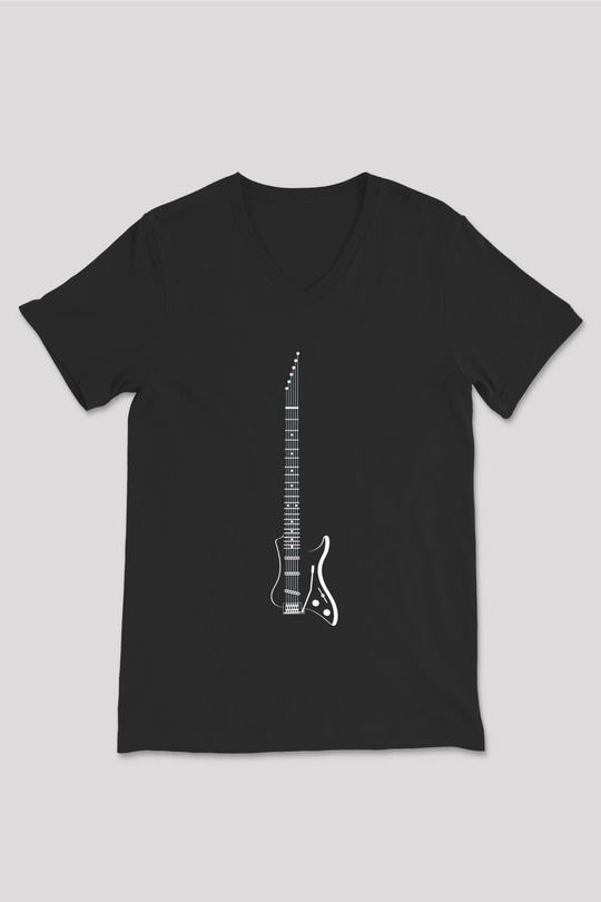 Elektro Gitar Baskılı Unisex Siyah V Yaka Tişört - Tshirt