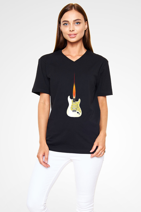 Elektro Gitar Baskılı Unisex Siyah V Yaka Tişört - Tshirt