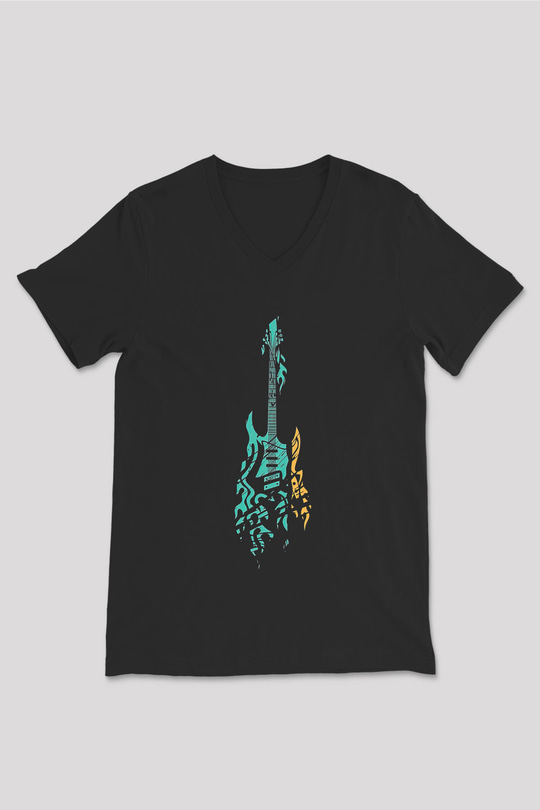 Elektro Gitar Baskılı Unisex Siyah V Yaka Tişört - Tshirt