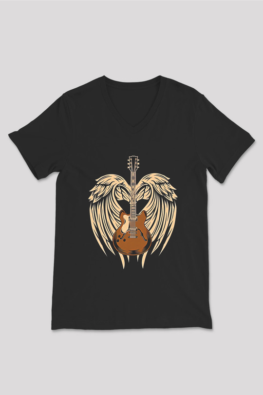 Elektro Gitar Baskılı Unisex Siyah V Yaka Tişört - Tshirt