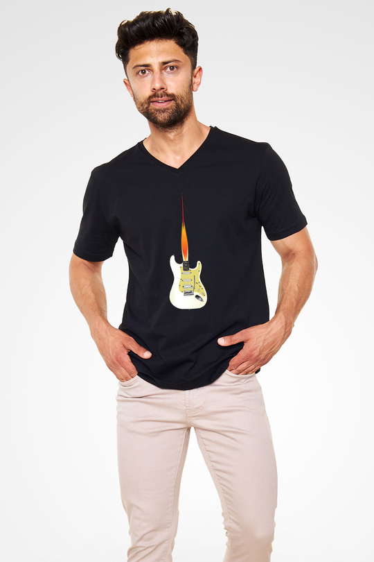 Elektro Gitar Baskılı Unisex Siyah V Yaka Tişört - Tshirt