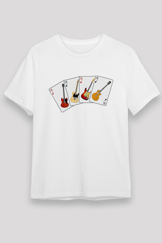 Elektro Gitar Unisex Baskılı Beyaz Tişört - Tshirt