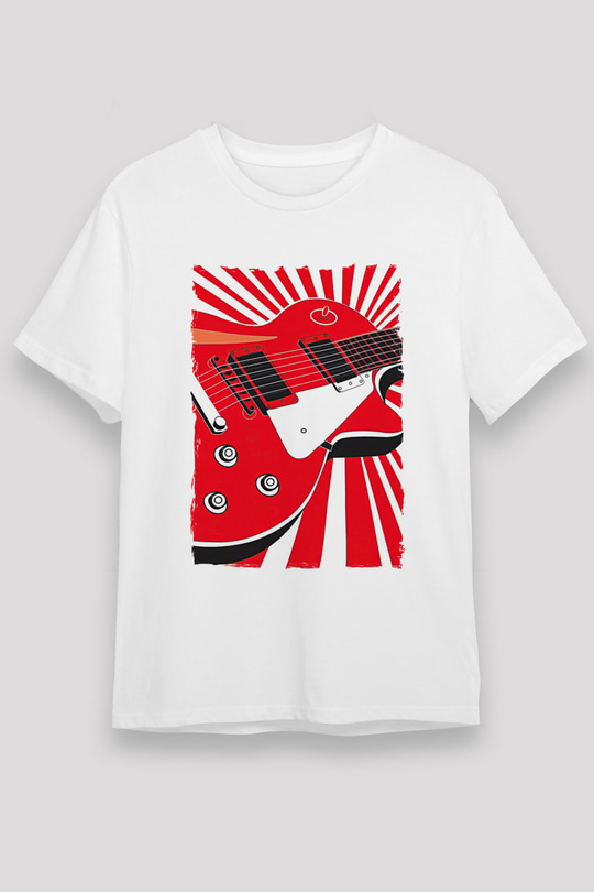 Elektro Gitar Unisex Baskılı Beyaz Tişört - Tshirt