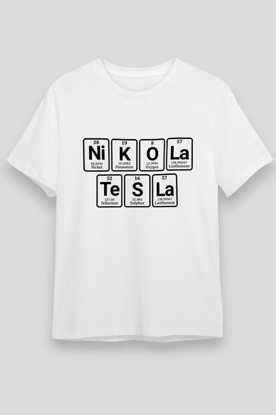 Elementlerden Oluşan Nikola Tesla Baskılı Unisex Beyaz Tişört