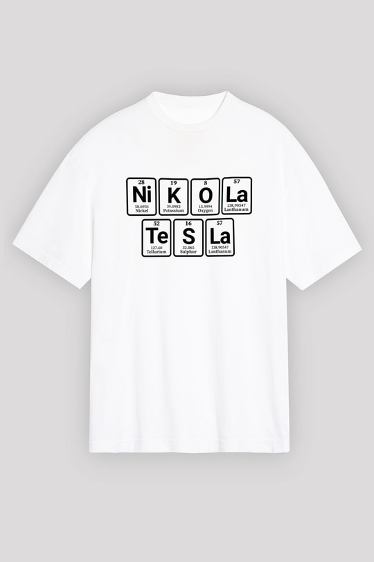 Elementlerden Oluşan Nikola Tesla Baskılı Unisex Beyaz Oversize Tişört