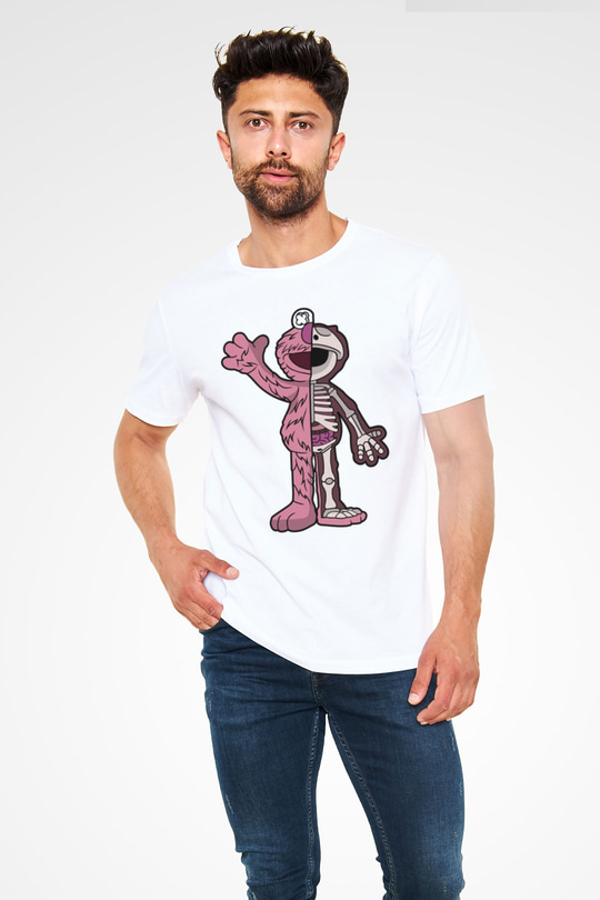 Elmo Half Skeleton Baskılı Unisex Beyaz Tişört