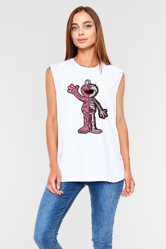 Elmo Half Skeleton Baskılı Unisex Beyaz Kolsuz Tişört