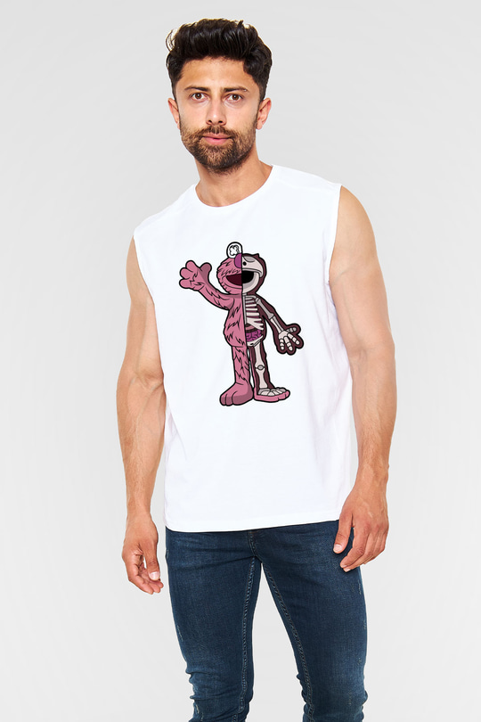Elmo Half Skeleton Baskılı Unisex Beyaz Kolsuz Tişört