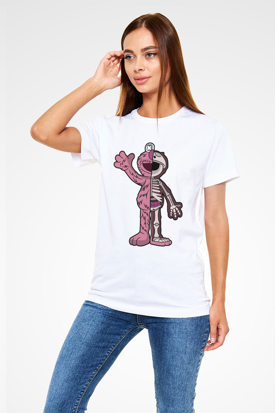 Elmo Half Skeleton Baskılı Unisex Beyaz Tişört