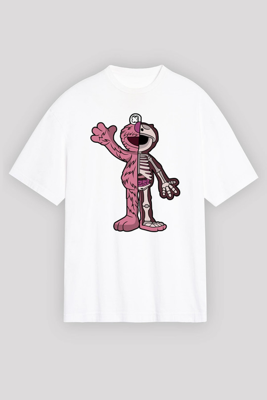Elmo Half Skeleton Baskılı Unisex Beyaz Oversize Tişört