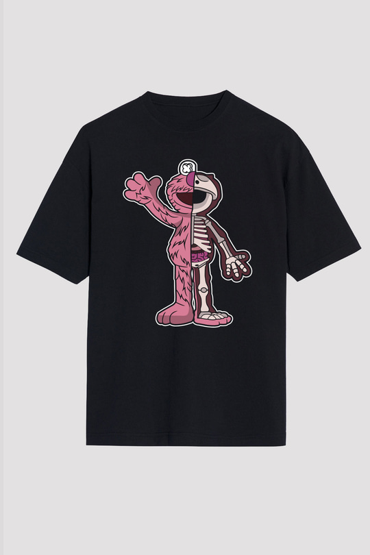 Elmo Half Skeleton Baskılı Unisex Siyah Oversize Tişört