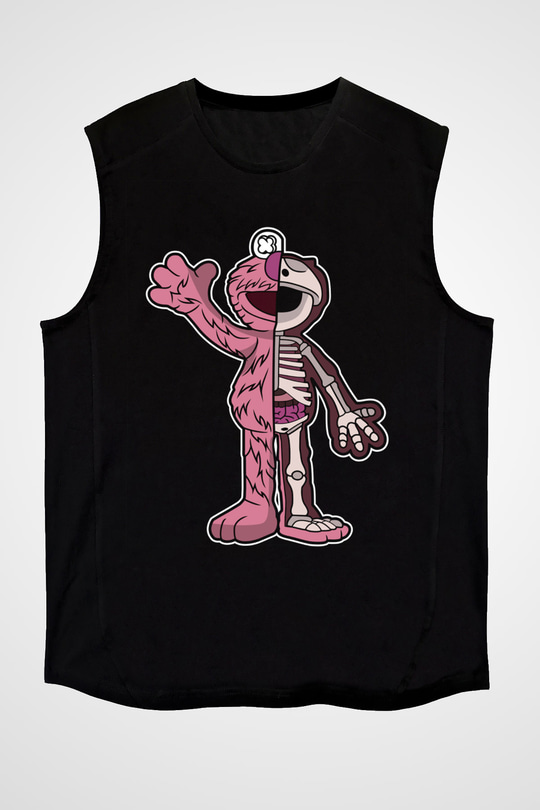 Elmo Half Skeleton Baskılı Unisex Siyah Kolsuz Tişört