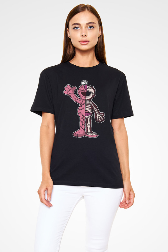 Elmo Half Skeleton Baskılı Unisex Siyah Tişört