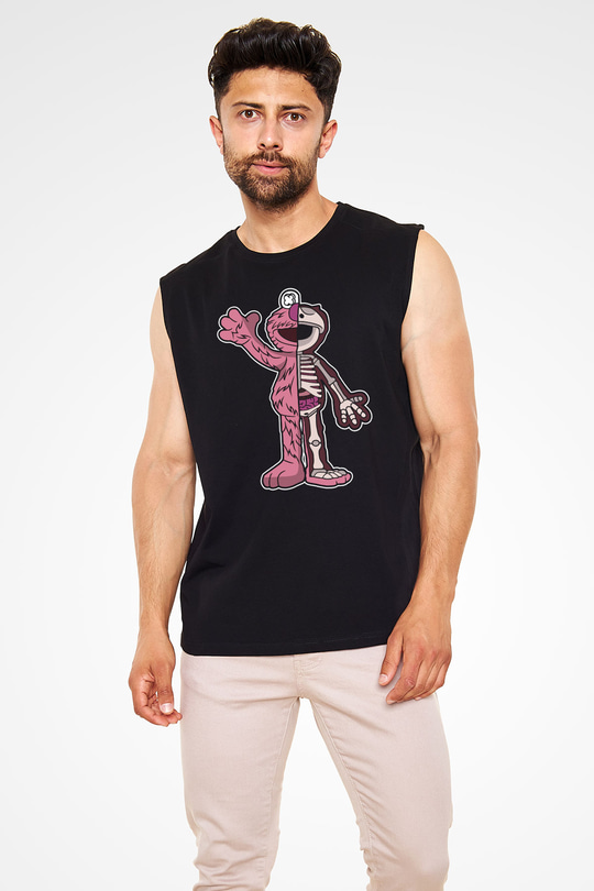 Elmo Half Skeleton Baskılı Unisex Siyah Kolsuz Tişört