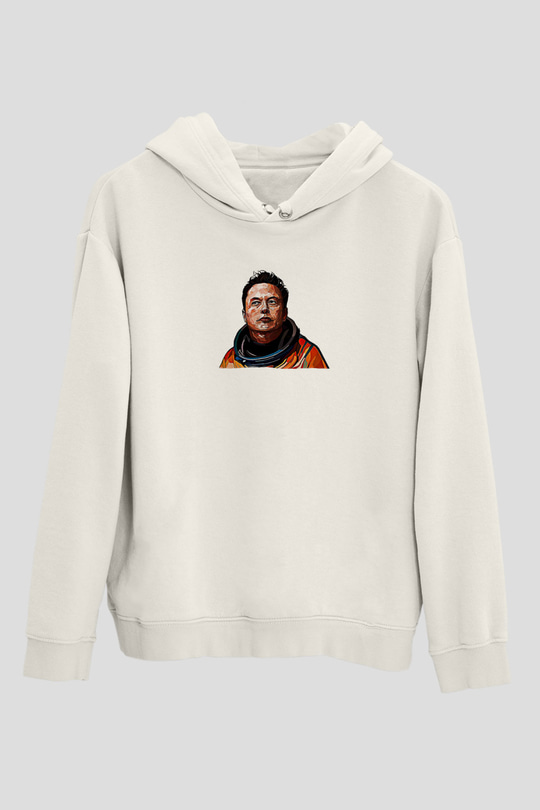 Elon Musk Baskılı Beyaz Unisex Kapüşonlu Sweatshirt