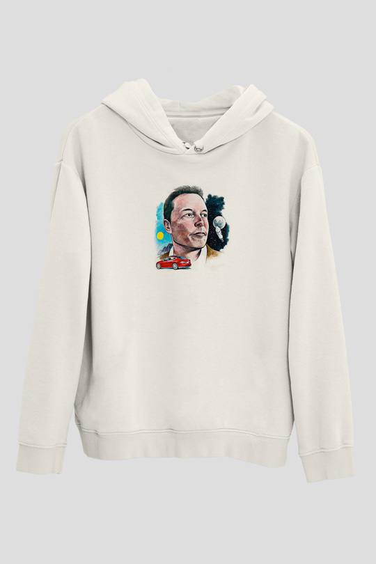 Elon Musk Baskılı Beyaz Unisex Kapüşonlu Sweatshirt