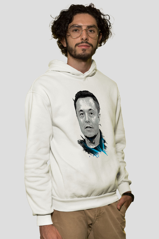 Elon Musk Baskılı Beyaz Unisex Kapüşonlu Sweatshirt