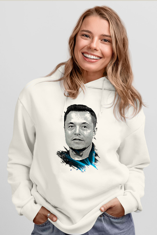 Elon Musk Baskılı Beyaz Unisex Kapüşonlu Sweatshirt
