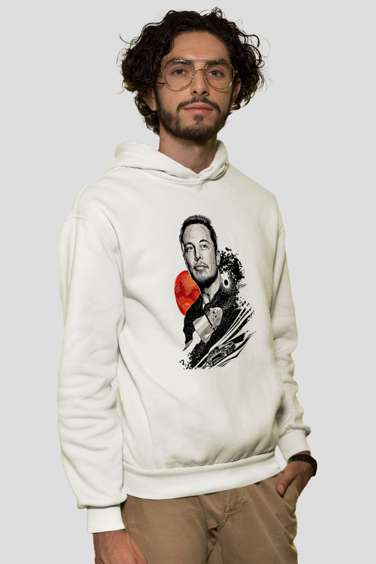 Elon Musk Baskılı Beyaz Unisex Kapüşonlu Sweatshirt