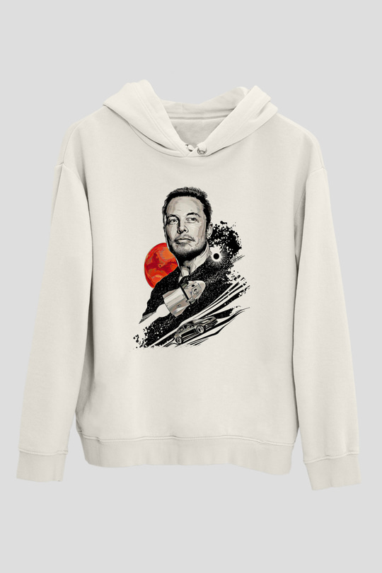 Elon Musk Baskılı Beyaz Unisex Kapüşonlu Sweatshirt