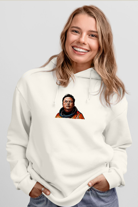 Elon Musk Baskılı Beyaz Unisex Kapüşonlu Sweatshirt
