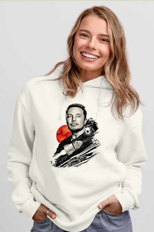 Elon Musk Baskılı Beyaz Unisex Kapüşonlu Sweatshirt