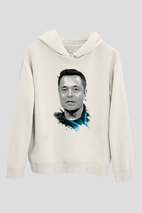 Elon Musk Baskılı Beyaz Unisex Kapüşonlu Sweatshirt