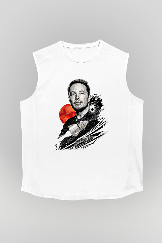 Elon Musk Baskılı Beyaz Unisex Kolsuz Tişört - Tshirt