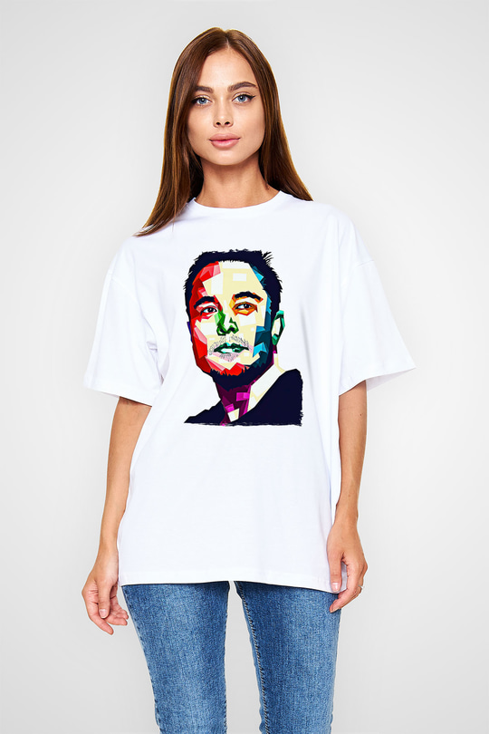 Elon Musk Baskılı Beyaz Unisex Oversize Tişört - Tshirt