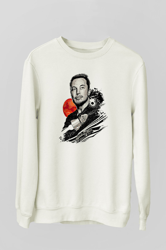 Elon Musk Baskılı Beyaz Unisex Sweatshirt