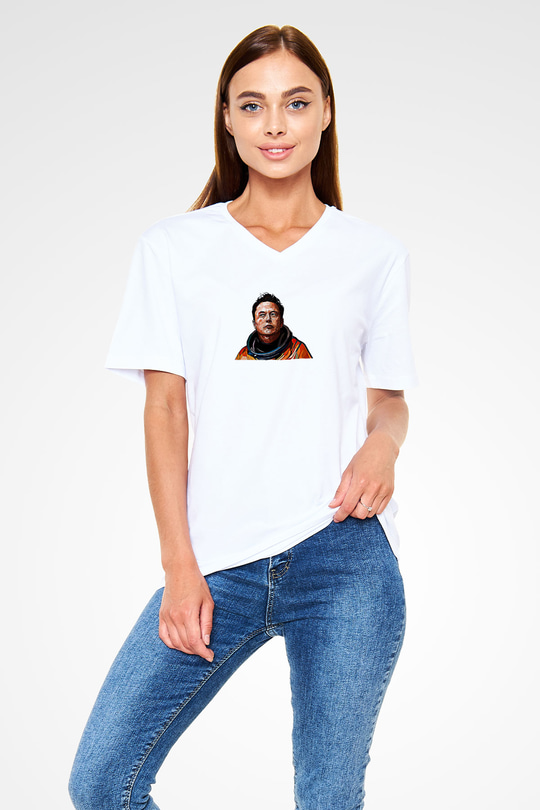 Elon Musk Baskılı Beyaz Unisex V Yaka Tişört - Tshirt