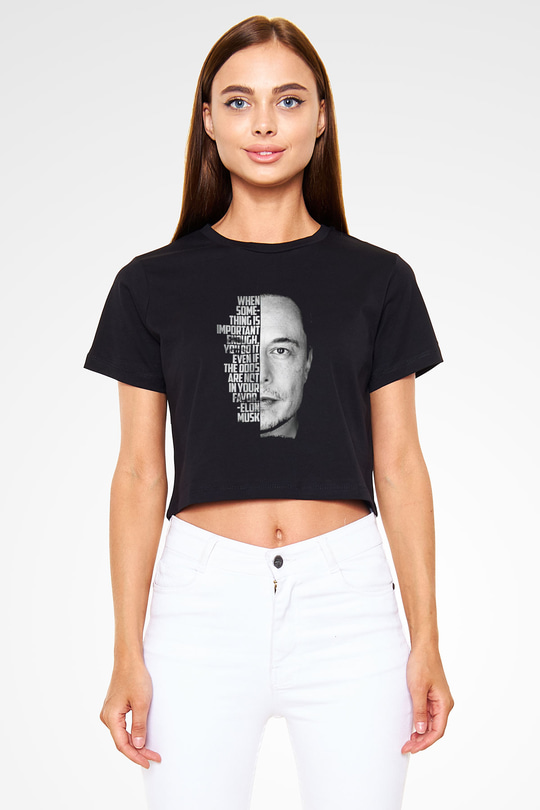Elon Musk Baskılı Siyah Crop Top Kadın Tişört - Tshirt