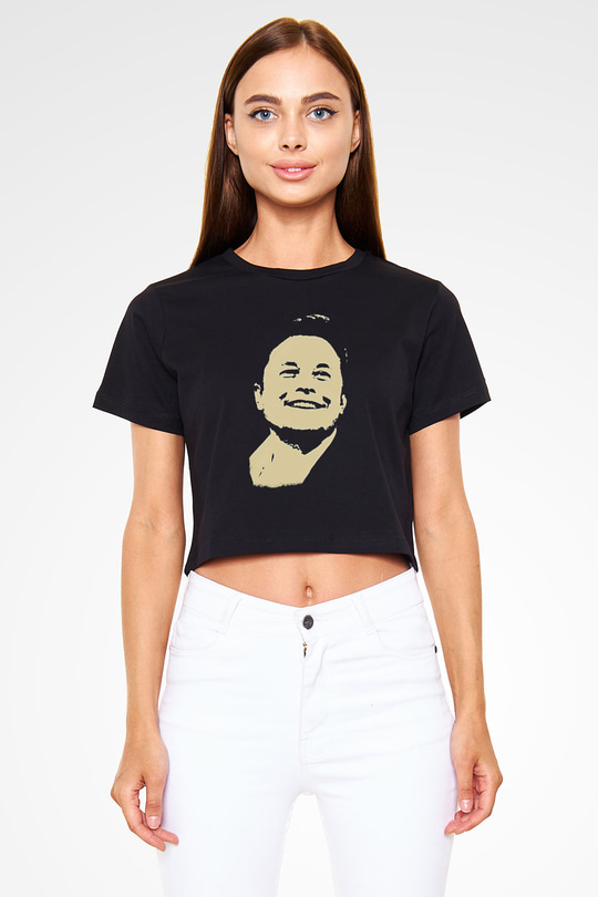 Elon Musk Baskılı Siyah Crop Top Kadın Tişört - Tshirt