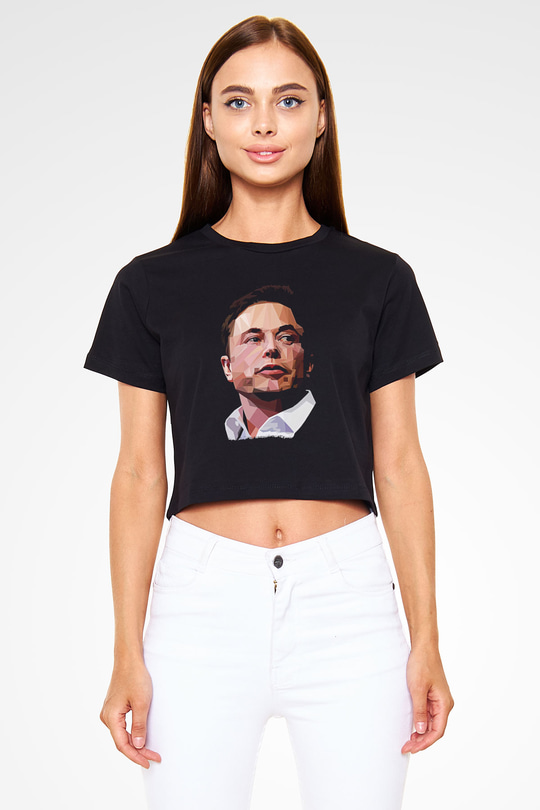 Elon Musk Baskılı Siyah Crop Top Kadın Tişört - Tshirt