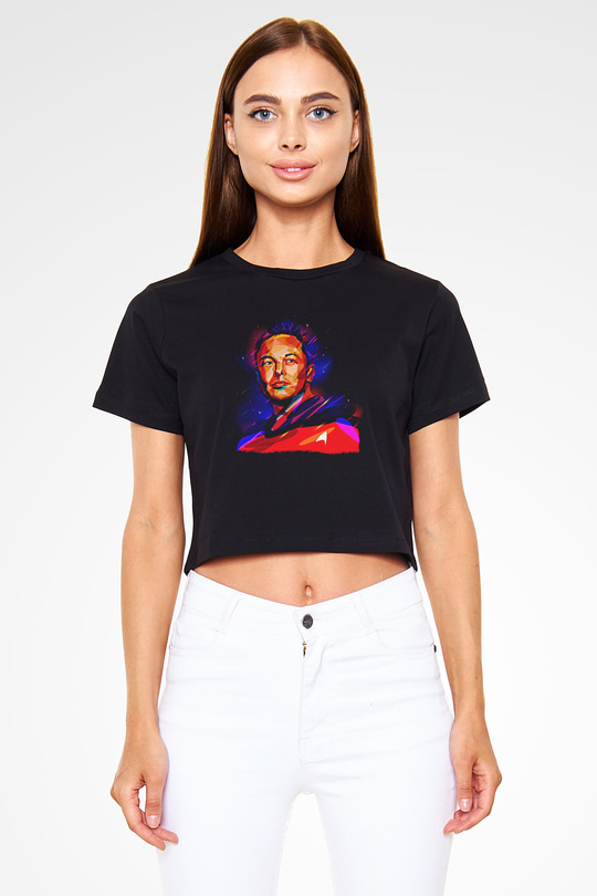 Elon Musk Baskılı Siyah Crop Top Kadın Tişört - Tshirt