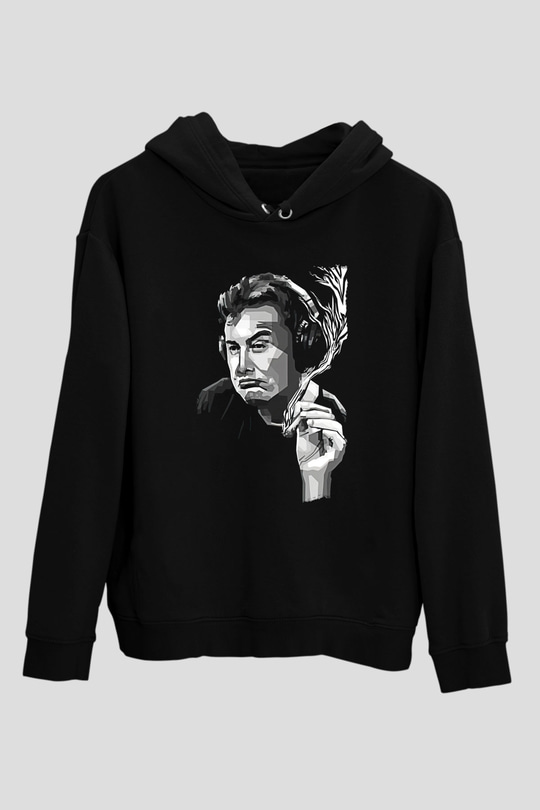 Elon Musk Baskılı Unisex Siyah Kapüşonlu Sweatshirt