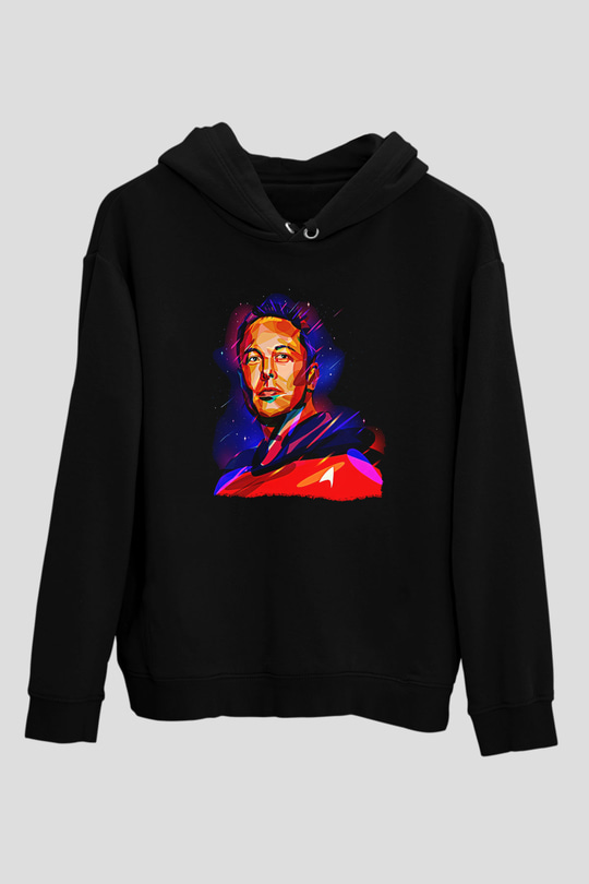Elon Musk Baskılı Unisex Siyah Kapüşonlu Sweatshirt
