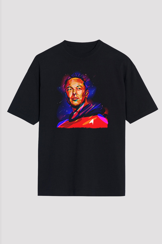 Elon Musk Baskılı Unisex Siyah Oversize Tişört - Tshirt