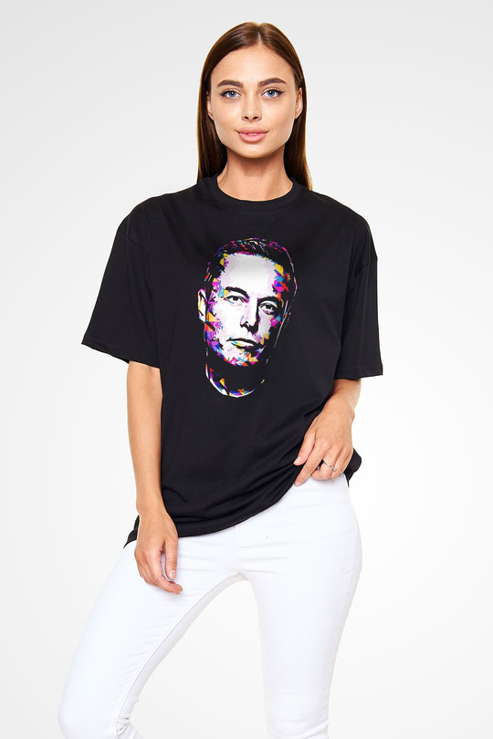 Elon Musk Baskılı Unisex Siyah Oversize Tişört - Tshirt