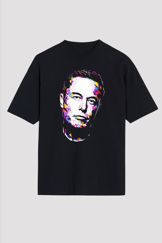 Elon Musk Baskılı Unisex Siyah Oversize Tişört - Tshirt