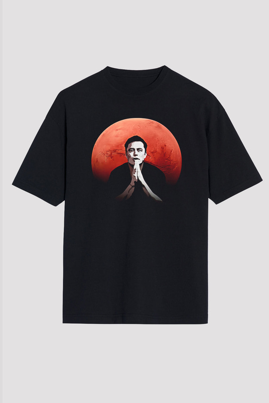Elon Musk Baskılı Unisex Siyah Oversize Tişört - Tshirt