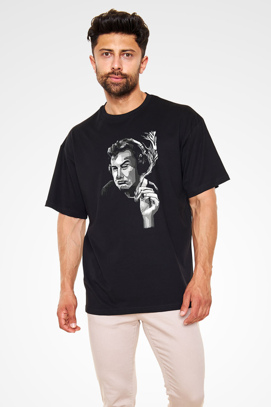 Elon Musk Baskılı Unisex Siyah Oversize Tişört - Tshirt